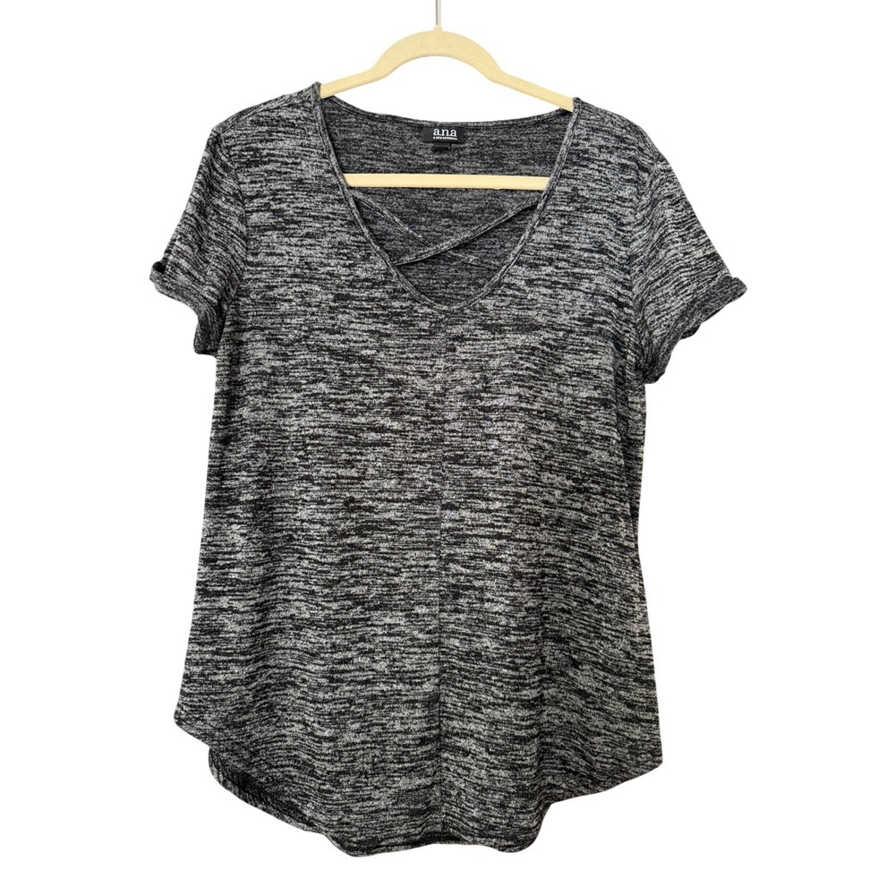 a.n.a Women's L Heather‎ Black Criss-Cross Neck Short Sleeve Sweater | SKU 0243